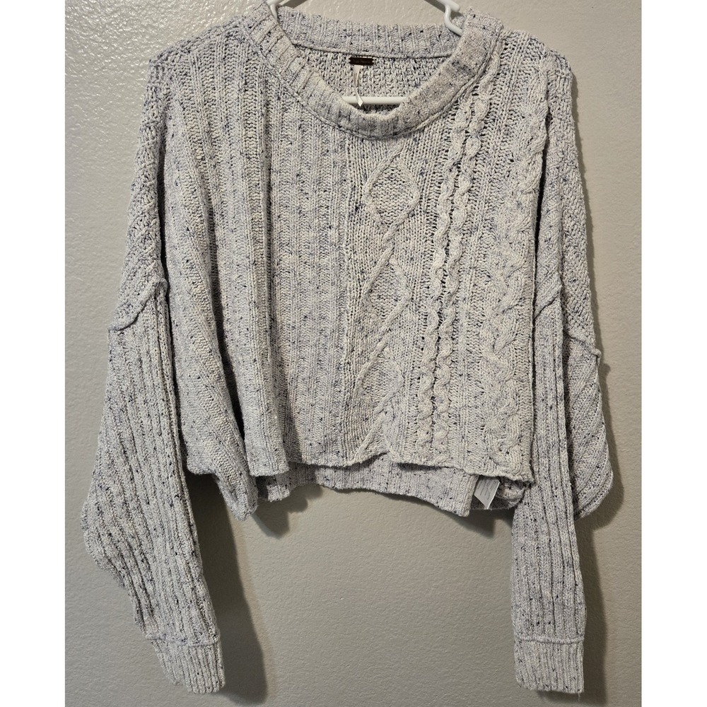 Free People Cutting Edge Cropped Fit Sweater Marbled Cable Knit Blue/White Sz M